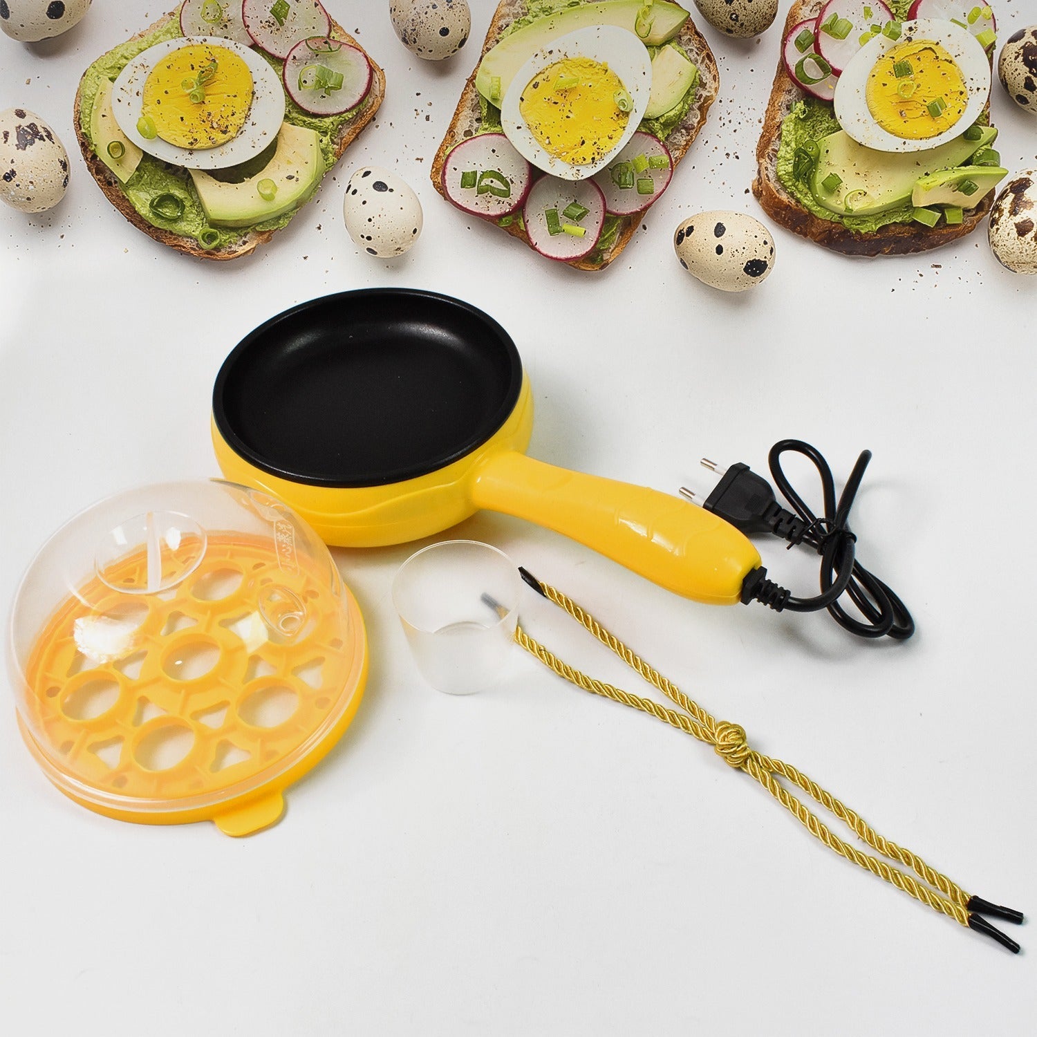 Multi functional Electric 2 in 1 Egg Frying Pan with Egg Boiler Machine Measuring Cup with Handle Multi functional Electric 2 in 1 Egg Frying Pan with Egg Boiler Machine Measuring Cup with Handle